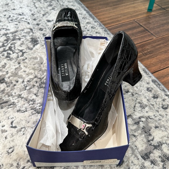 Stuart Weitzman VINTAGE Black Monogram Low Leather Croc Shoes - Picture 8 of 13